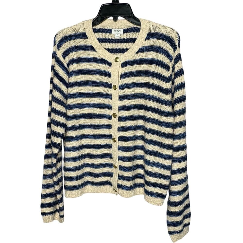 J. Crew Blue & Cream Striped Preppy Cotton Blend Quiet Luxury Cardigan Size XL